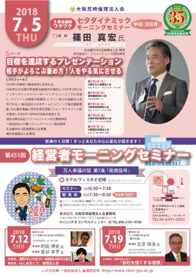 ２０１８年７月５日のモーニングセミナーは講師は篠田真宏氏、テーマは　目標を達成するプレゼンテーション　相手が喜ぶ褒め方！人をやる気にさせる
